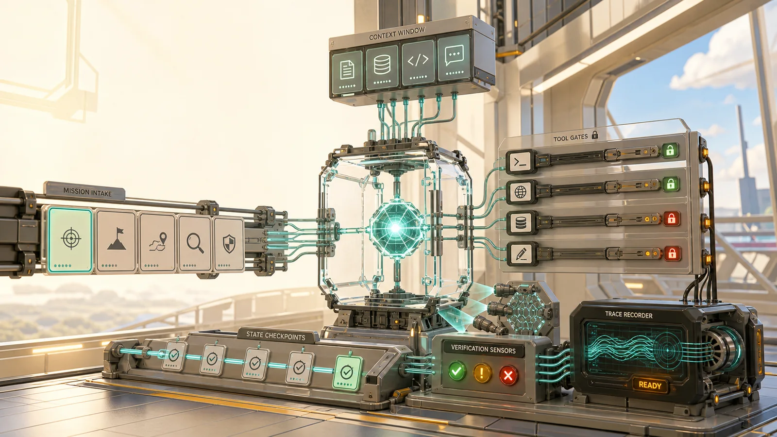 A warm futuristic agent test range shows a glowing agent core inside a transparent harness, surrounded by mission intake cards, context panels, tool gates, state checkpoints, verification sensors, and a trace recorder.