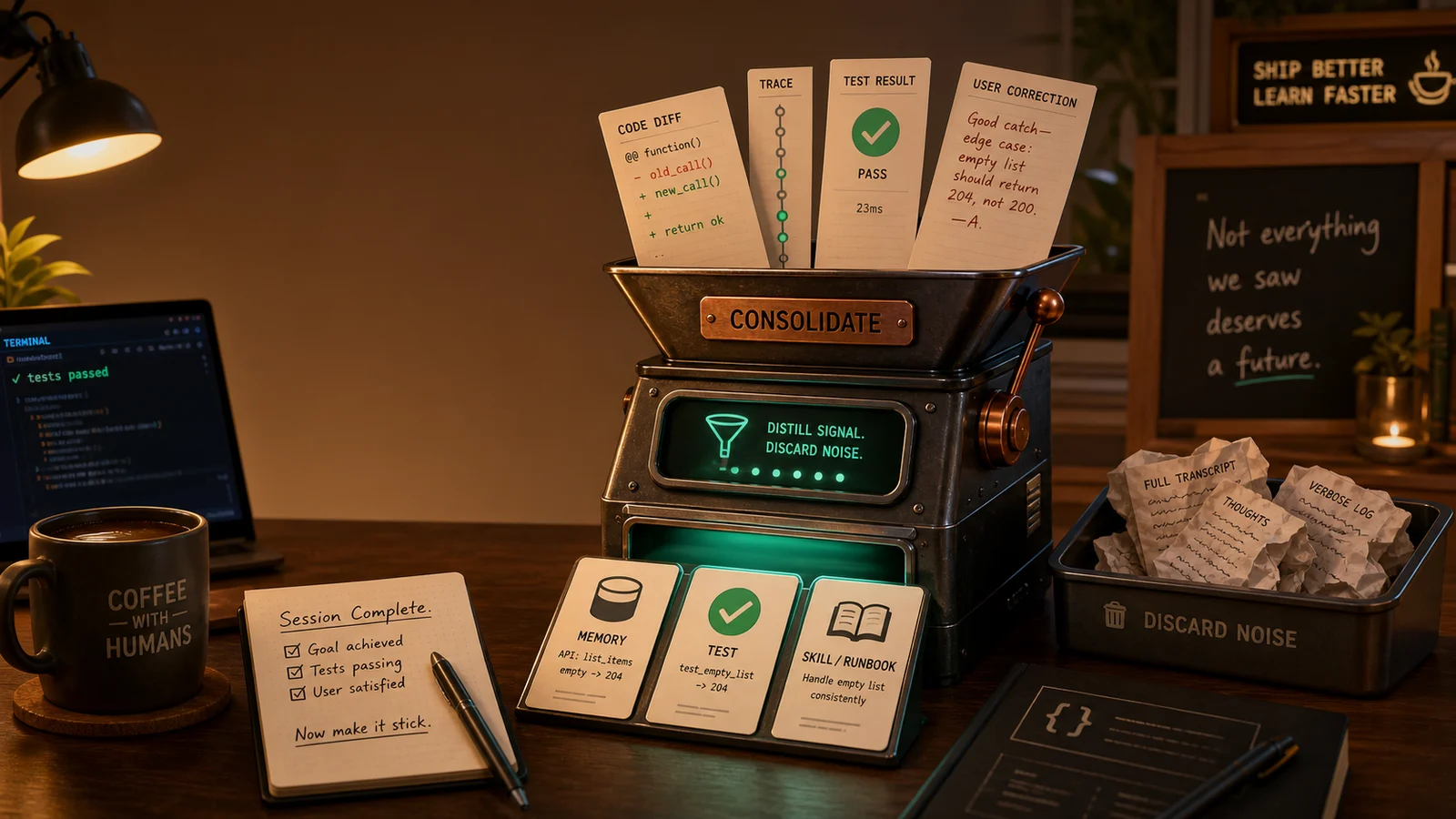 Warm editorial workbench showing code diffs, trace notes, tests, and a user correction feeding into a consolidation machine that outputs memory, test, and skill cards while noisy transcript scraps are discarded.
