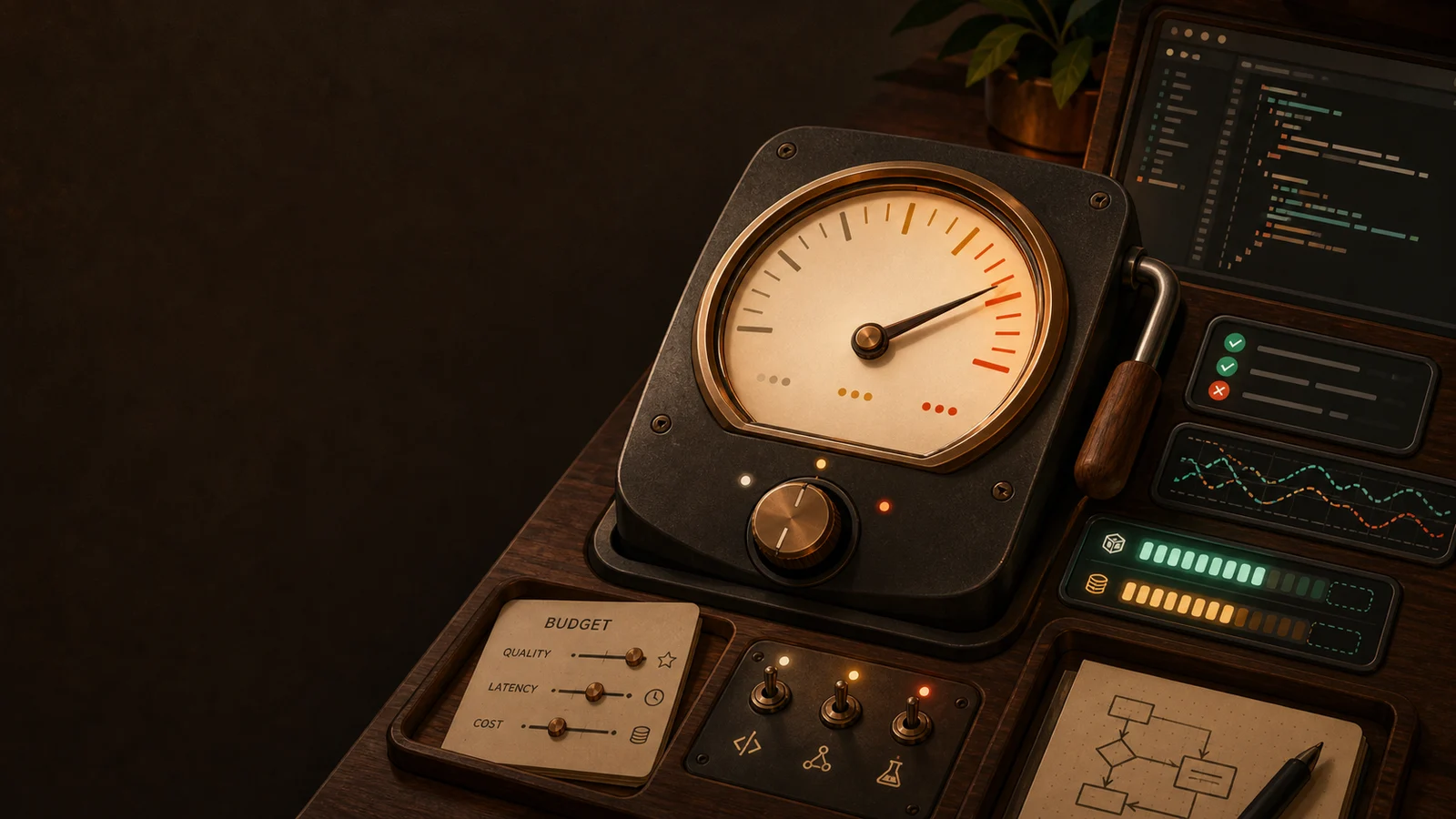 A warm illustrated developer console with a large pressure gauge, code editor, test indicators, trace charts, and budget controls, suggesting thinking effort as an engineering tradeoff.