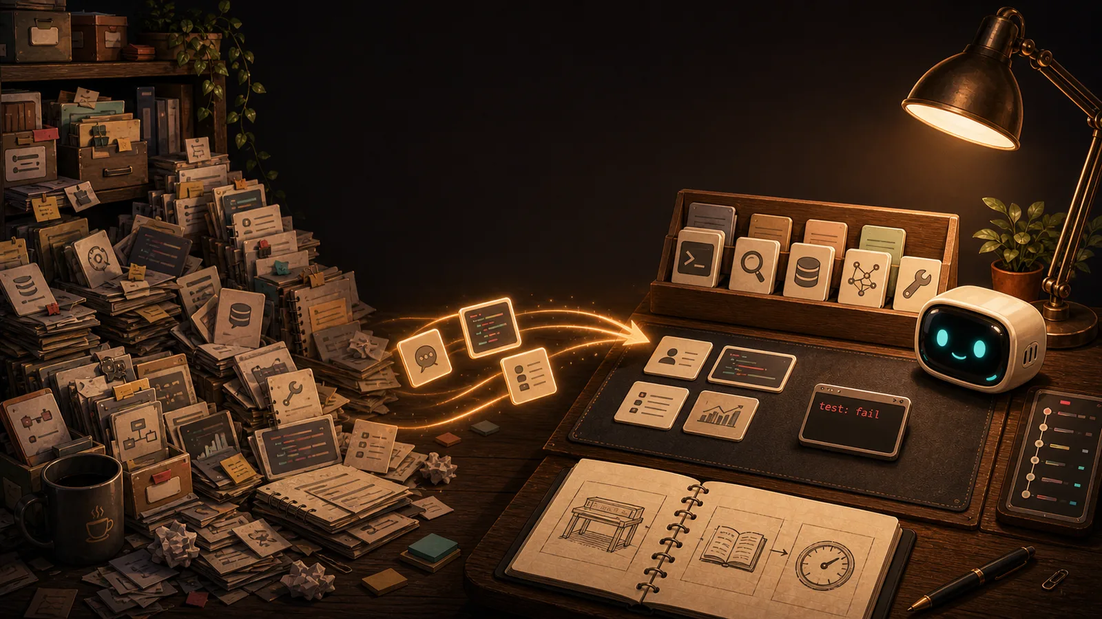 Warm Coffee With Humans style illustration showing messy stacks of documents, logs, and tool cards being curated into a clean AI workbench with selected context cards, a test result, trace panel, and BrewBot.