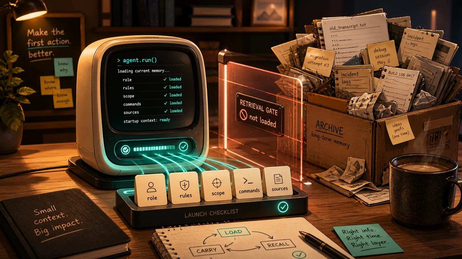 Warm stylized illustration of a compact agent console loading a small launch checklist while a messy archive stays behind a retrieval gate.