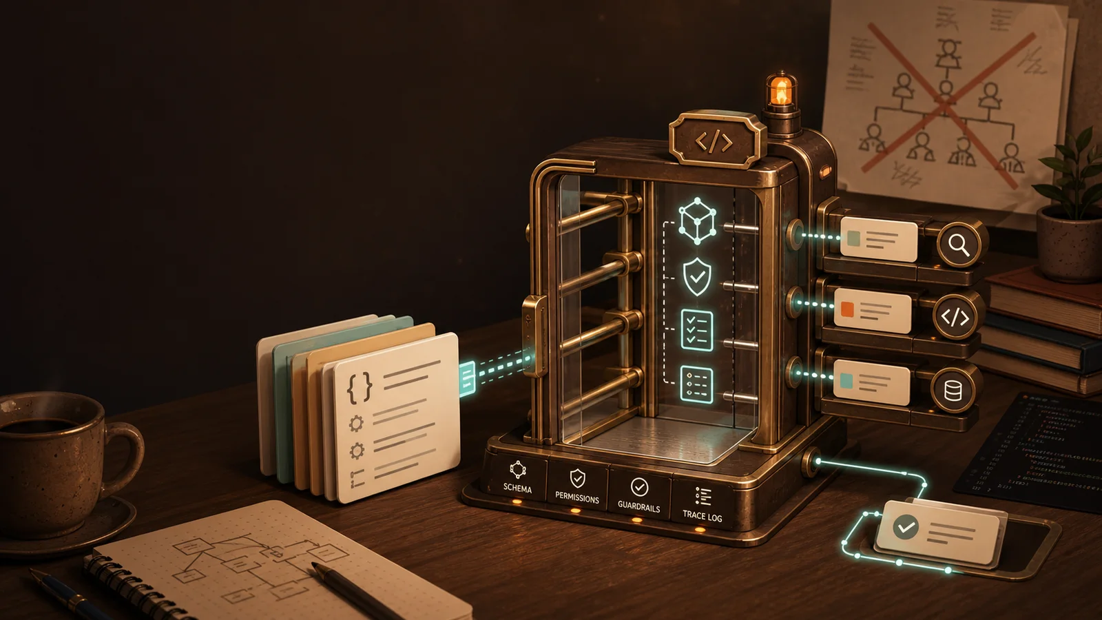 A warm illustrated API contract turnstile routes structured context cards through schema, permission, guardrail, and trace checks into narrow specialist lanes, with a crossed-out org chart in the background.