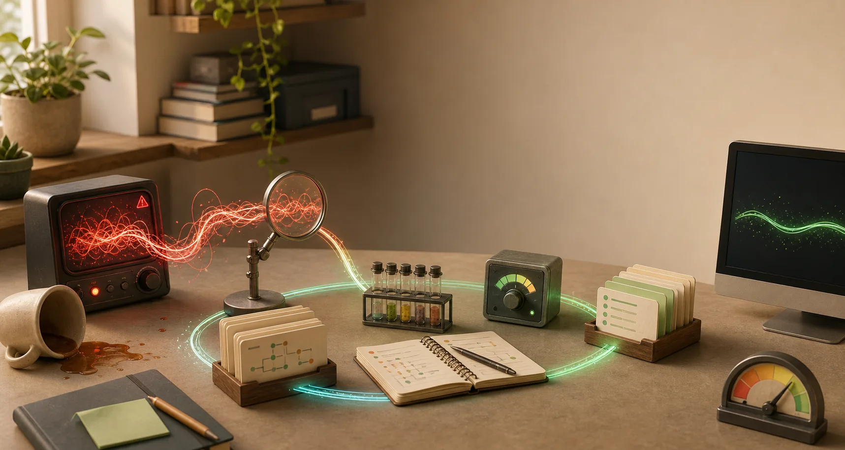 Warm illustrated engineering workbench where a tangled red failure trace flows through inspection tools, lab notes, and test cards, then returns as a clean green evaluation loop beside a secondary score gauge.