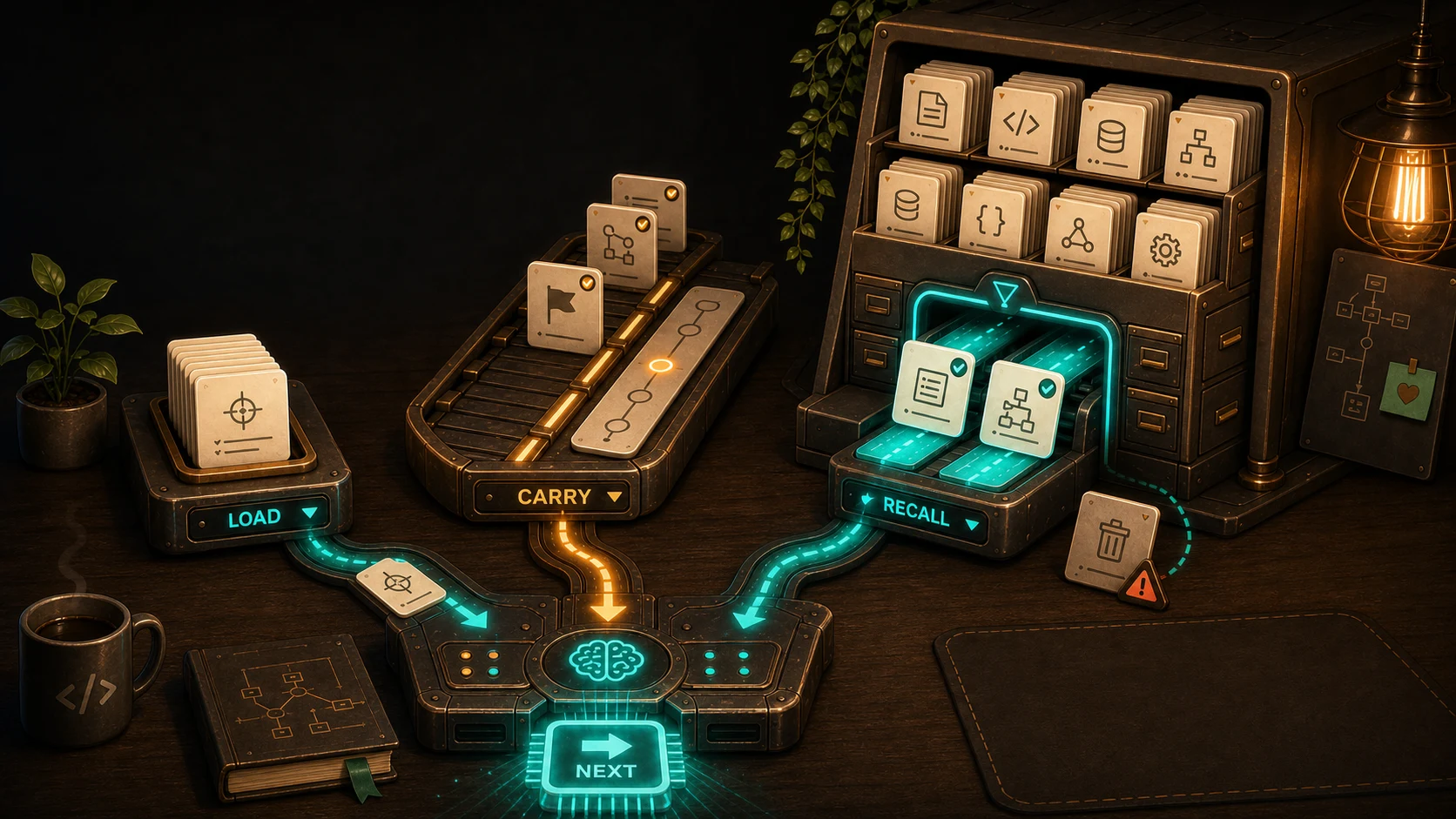 Warm stylized illustration of an agent memory console sorting load, carry, and recall cards into a next-action output.