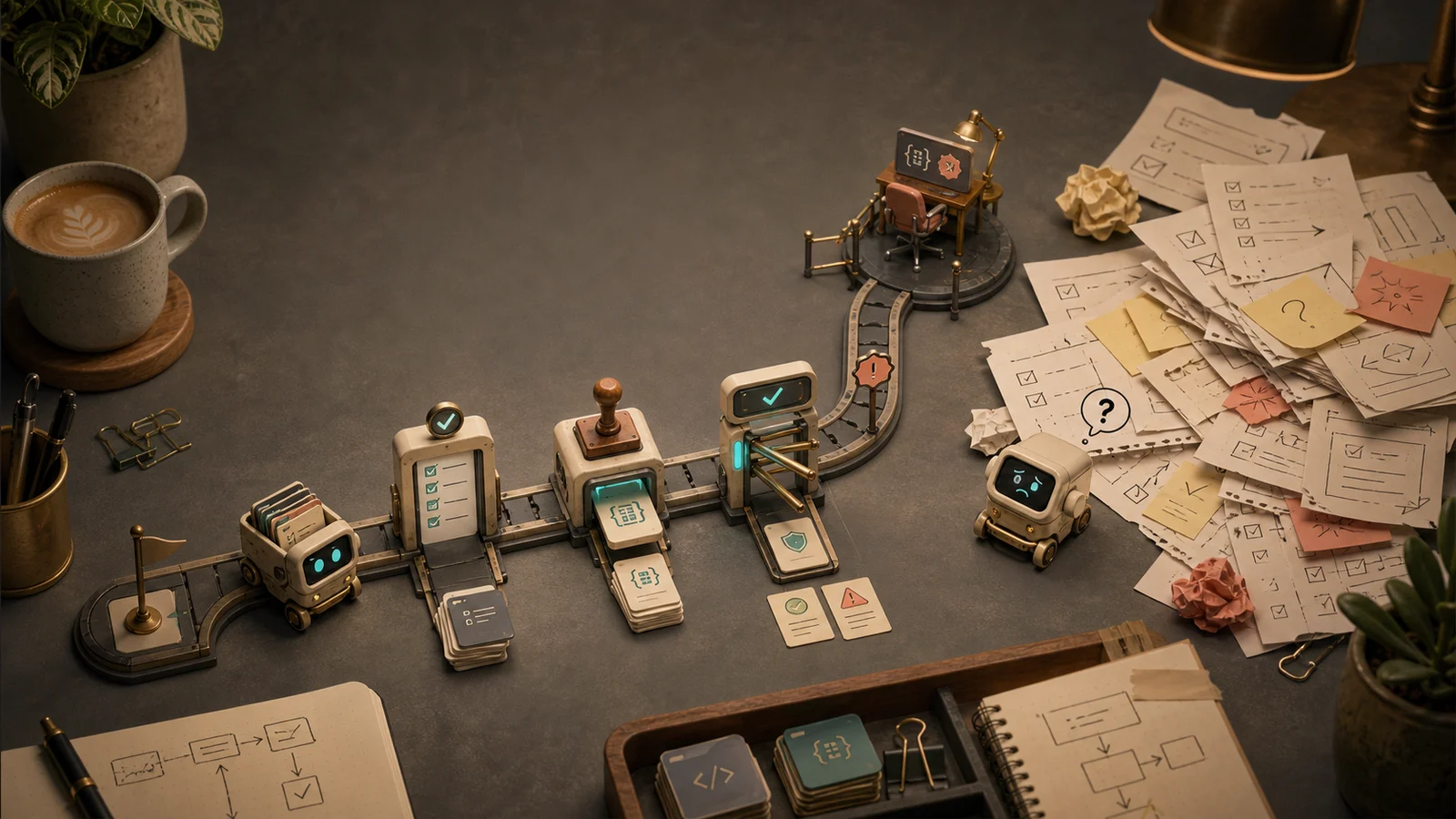 A miniature code-review cart moves through checkpoint stations on a desk while loose instruction papers pile up beside an optional specialist review lane.