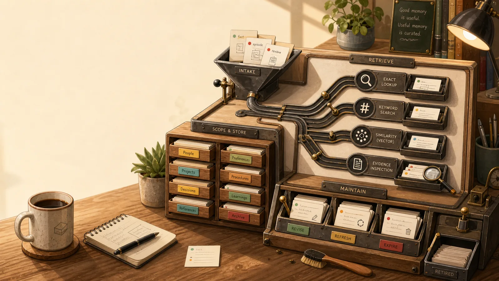 Warm isometric illustration of a long-term memory workbench where cards pass through intake, scoped storage, retrieval routes, and maintenance drawers.