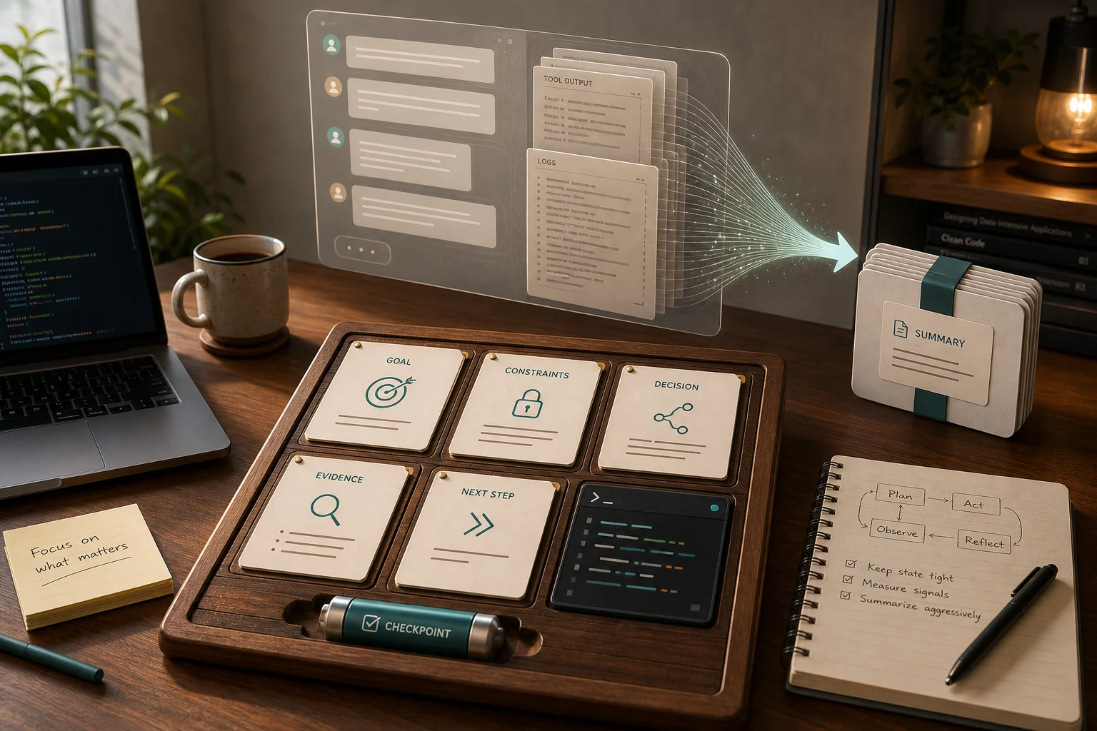 A developer desk shows a neat working-state board with goal, constraints, decision, evidence, next step, and checkpoint cards while a large chat transcript and tool-output stack compress into a compact summary bundle.