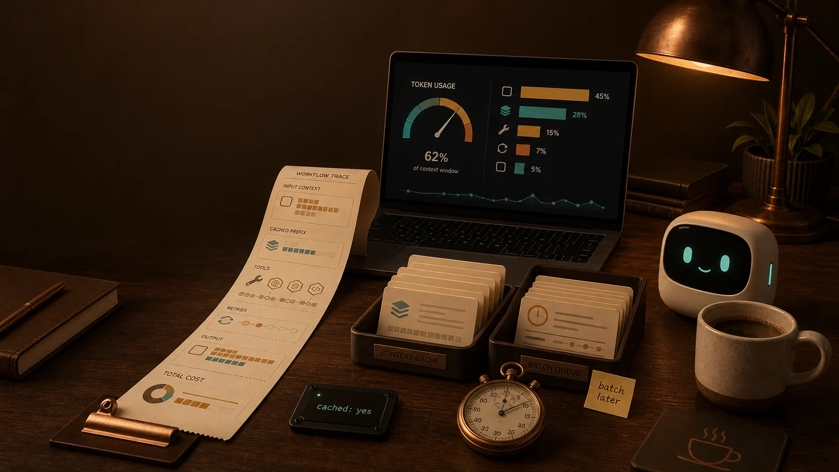 Warm Coffee With Humans style illustration of an engineer sorting an AI agent workflow receipt into cache and batch queue trays while BrewBot watches beside a laptop trace gauge.