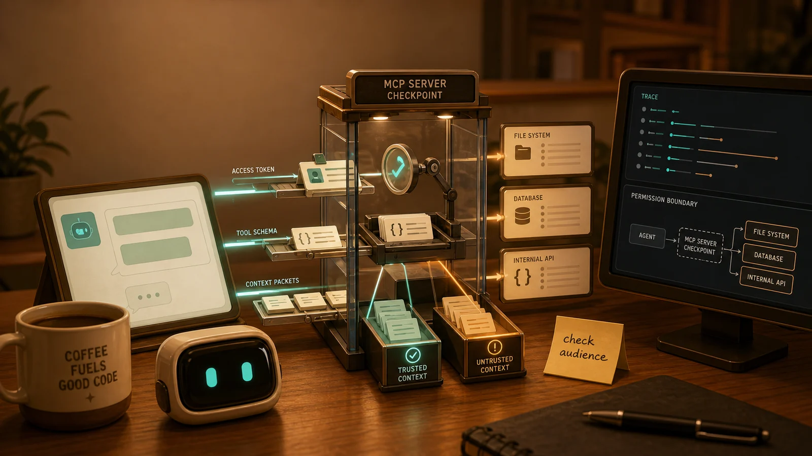 Warm Coffee With Humans style illustration of an MCP server checkpoint inspecting tool schemas, context packets, and an access token between an agent UI and protected systems.