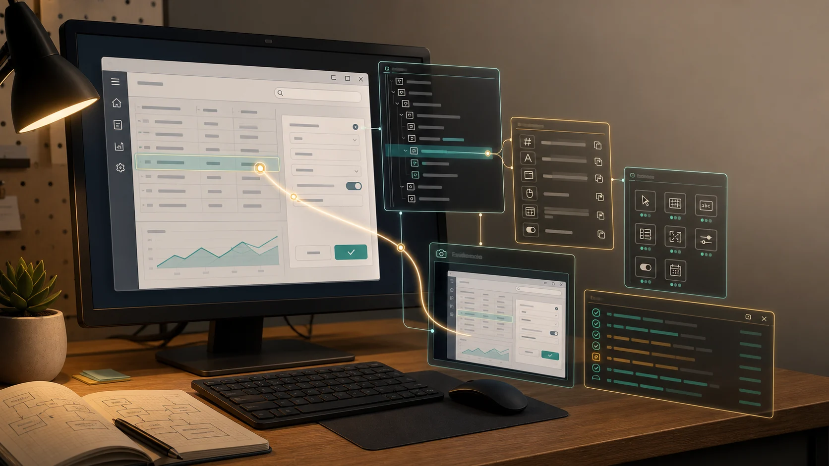 Warm desk scene showing a Windows desktop application with UI Automation handles, evidence panels, and test verdict overlays for background UAT automation.